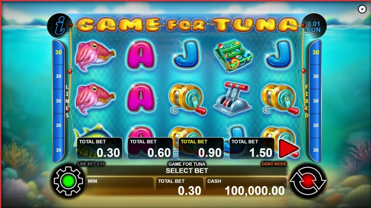 Interface do jogo de slot Game For Tuna com tema de pesca